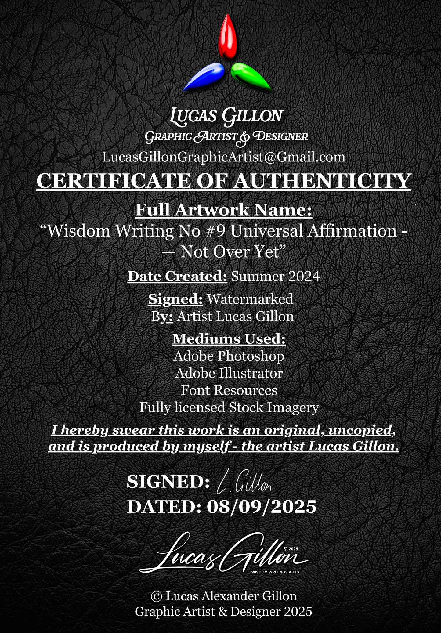Premium Framed Wall Art Canvas "Wisdom Writing No #9 Universal Affirmation - Not Over Yet" - by Artist, Designer & Writer Lucas Gillon