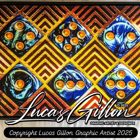 Premium Framed Wall Art Canvas "Fiery Blue & Gold Marble Dice 1 to 6 Updated Version No. #2" by Graphic Artist & Photographer Lucas Gillon