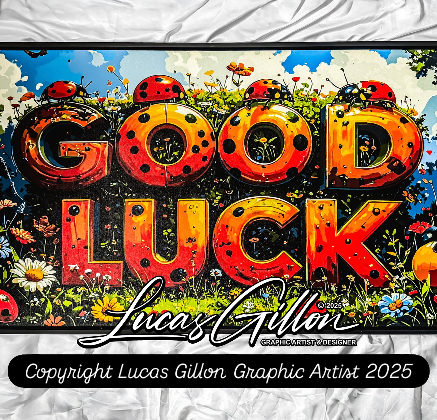 Premium Panoramic Framed Canvas Wall Art "Good Luck Ladybirds V. #2" by Artist Lucas Gillon