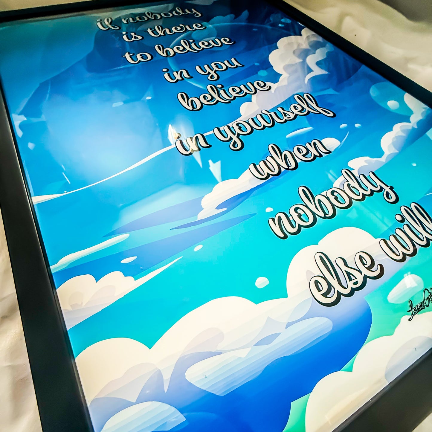 Premium Framed Print Art "Wisdom Writing No #14 Universal Affirmation - Believe In Yourself: Blue V. #2" by Designer & Writer Lucas Gillon