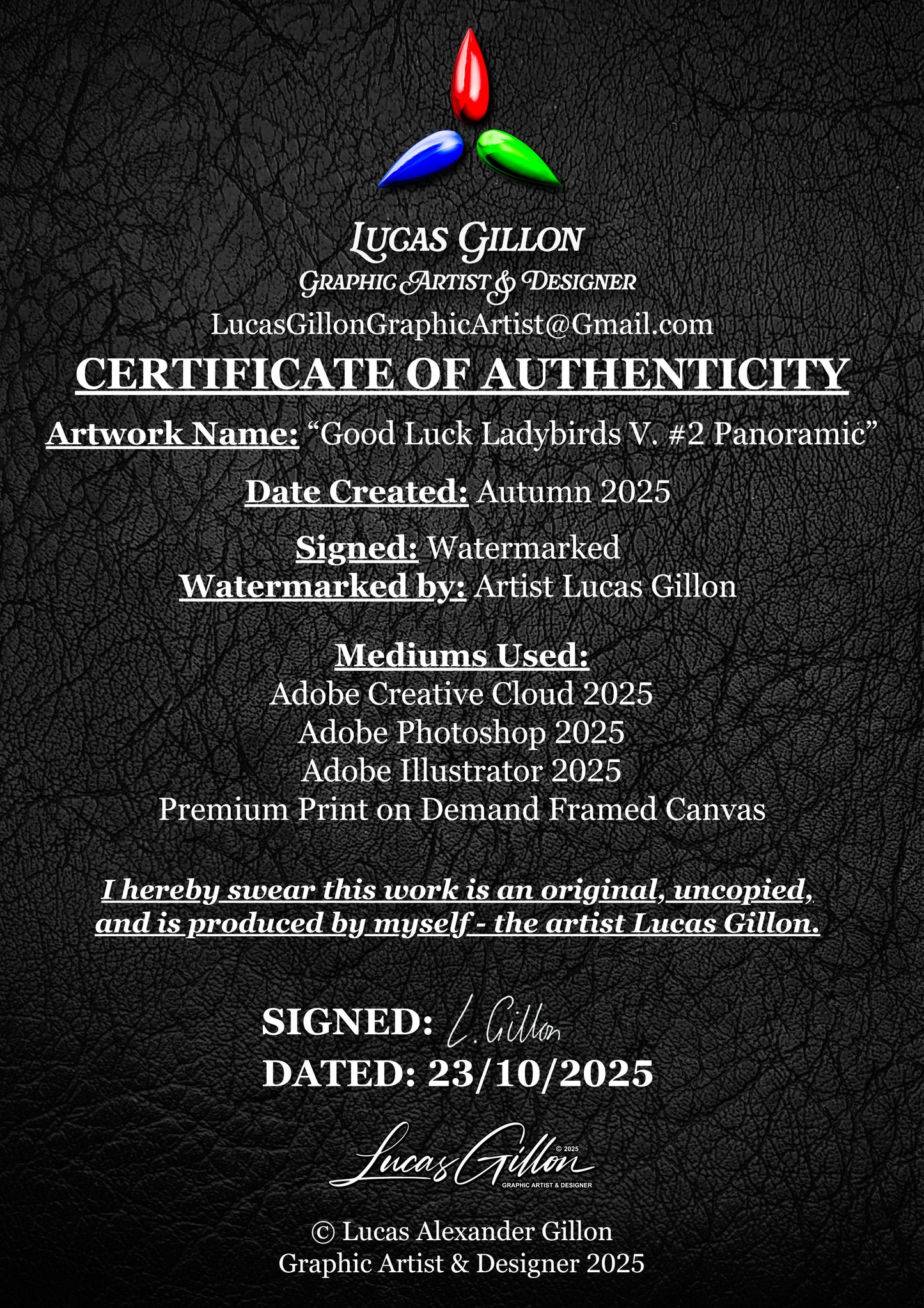 Premium Panoramic Framed Canvas Wall Art "Good Luck Ladybirds V. #2" by Artist Lucas Gillon