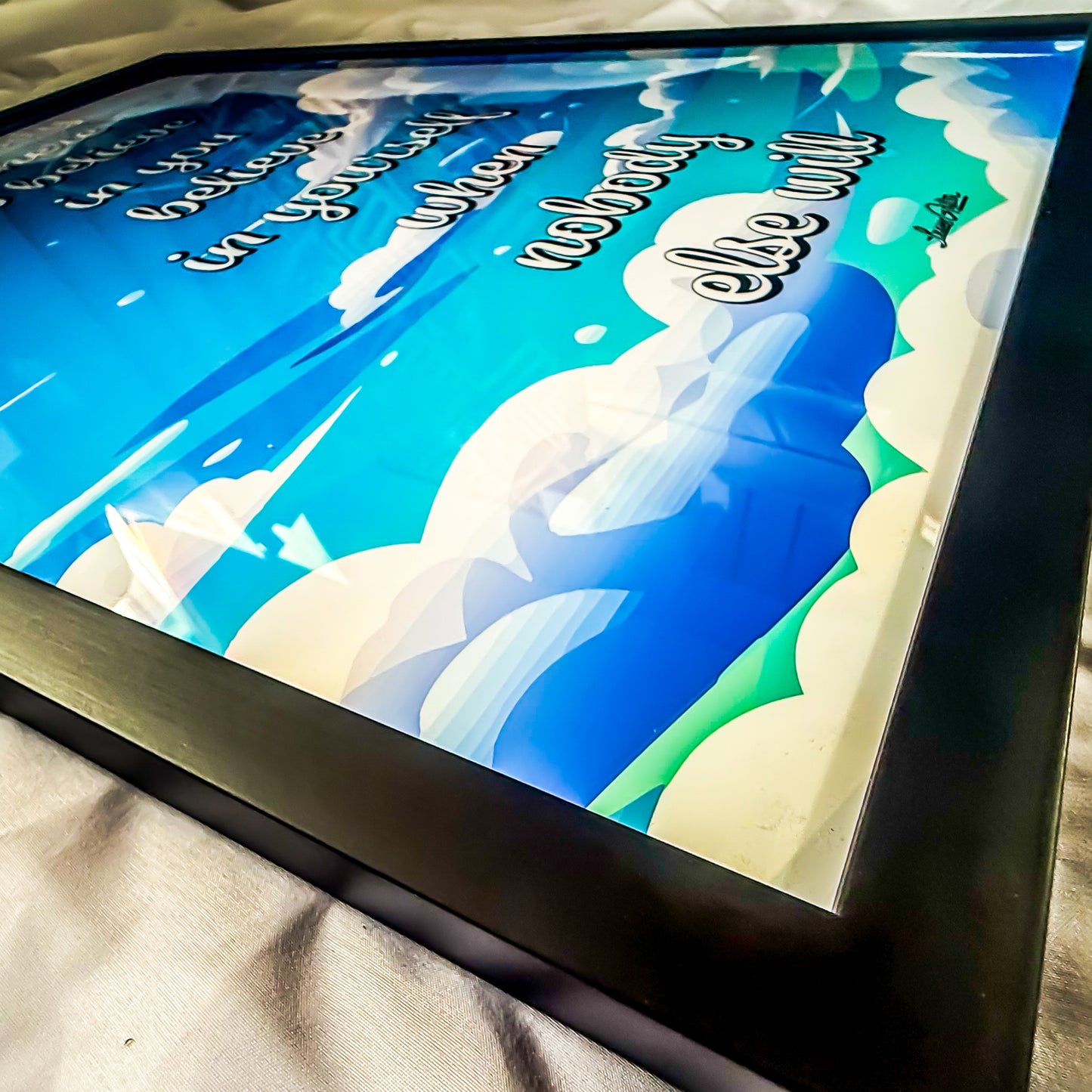 Premium Framed Print Art "Wisdom Writing No #14 Universal Affirmation - Believe In Yourself: Blue V. #2" by Designer & Writer Lucas Gillon