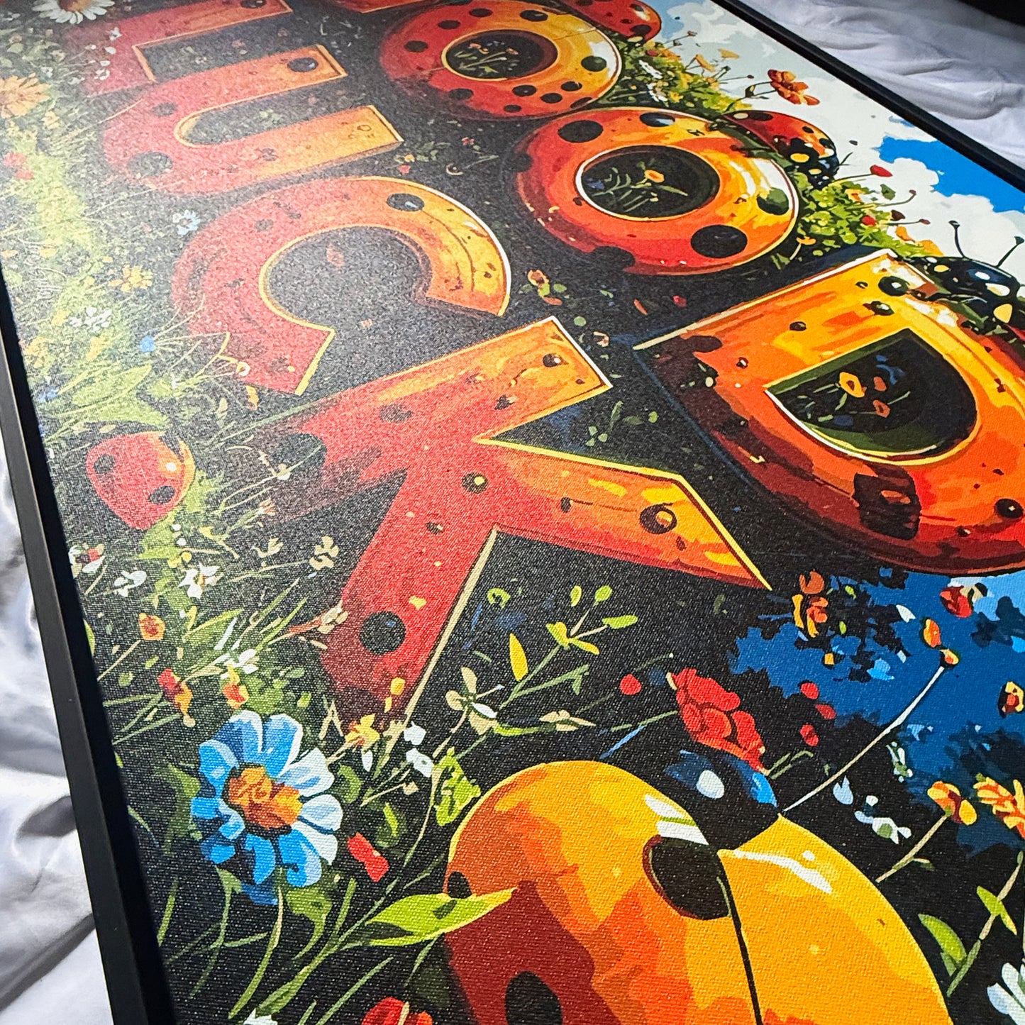 Premium Panoramic Framed Canvas Wall Art "Good Luck Ladybirds V. #2" by Artist Lucas Gillon