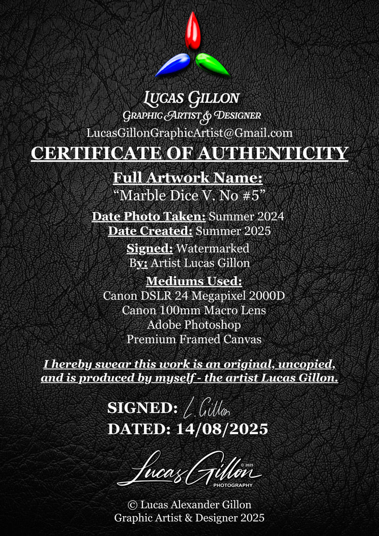 Premium Framed Canvas Wall Art Fine Art "Marble Dice V. No #5" by artist Lucas Gillon