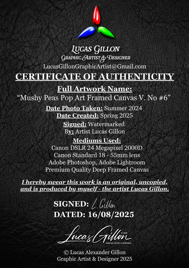 Premium Panoramic Framed Wall Art Canvas Fine Art "Mushy Peas No #6"- artist Lucas Gillon