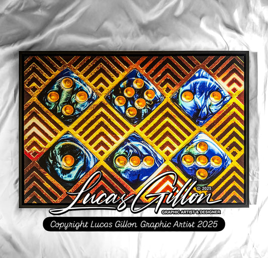 Premium Framed Wall Art Canvas "Fiery Blue & Gold Marble Dice 1 to 6 Updated Version No. #2" by Graphic Artist & Photographer Lucas Gillon
