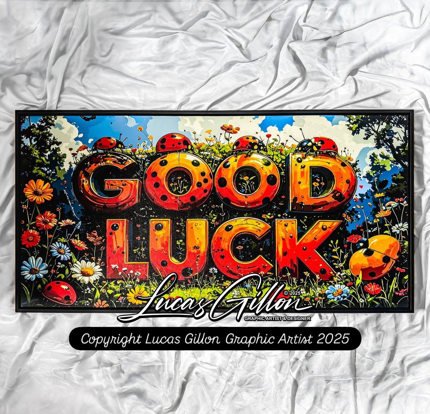 Premium Panoramic Framed Canvas Wall Art "Good Luck Ladybirds V. #2" by Artist Lucas Gillon