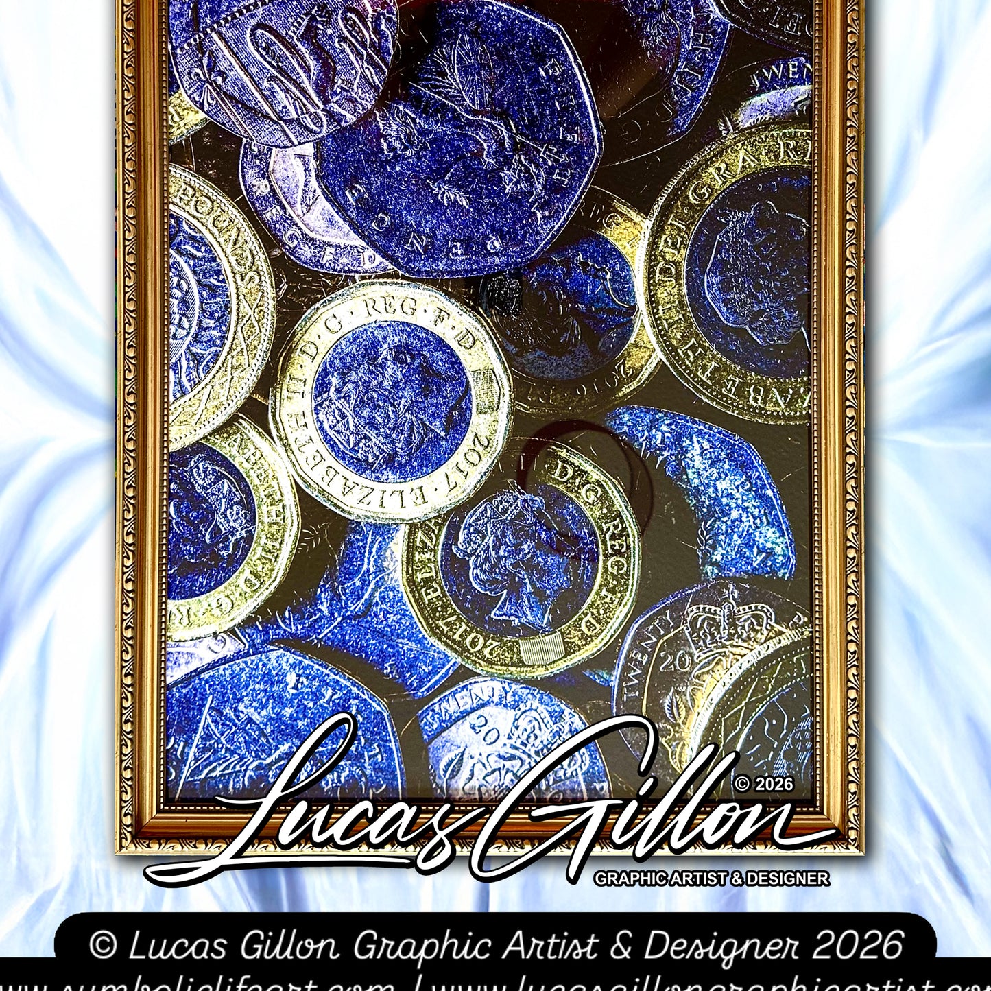 Gold Ornate Framed "Coins Macro 2" Photography by Artist and Designer Lucas Gillon - incomplete