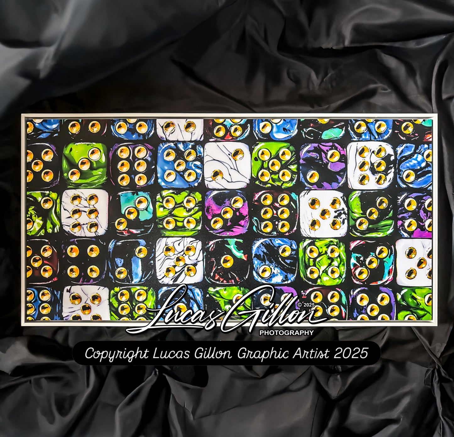 Premium Panoramic Framed Canvas Wall Art "Layered Dice V. No #8" Art by Lucas Gillon