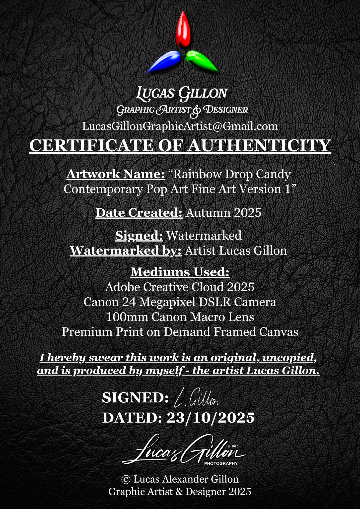 Premium Framed Canvas Contemporary Fine Art "Rainbow Drop Candy Pop Art Fine Art Version #1" by Artist Lucas Gillon