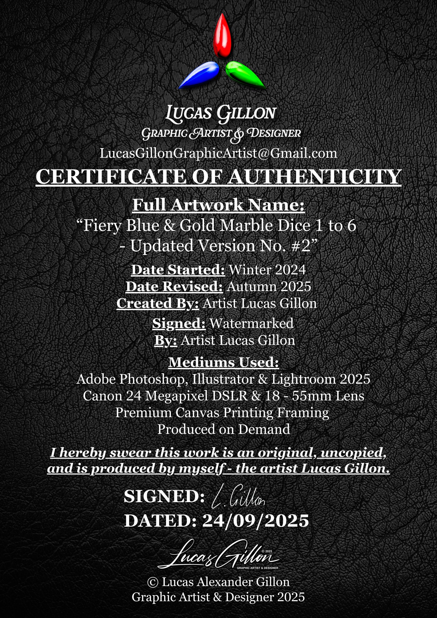 Premium Framed Wall Art Canvas "Fiery Blue & Gold Marble Dice 1 to 6 Updated Version No. #2" by Graphic Artist & Photographer Lucas Gillon